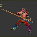 Shirtless red haired man holds long red staff in dynamic combat stance wearing red pants