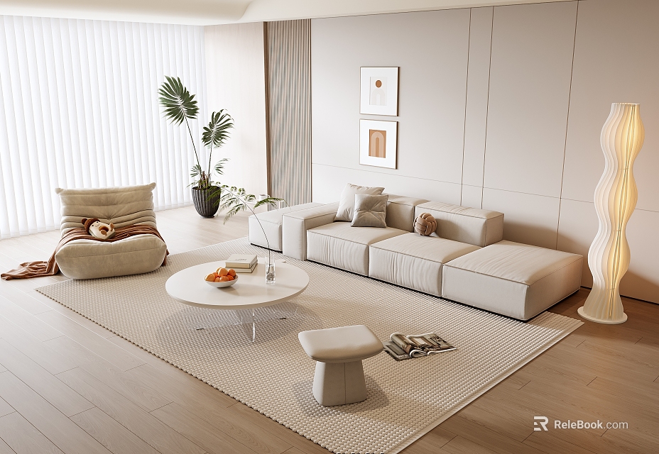 Modern Sofa Coffee Table Set With Round Table Plush Cushions Floor Lamp And Soft Rug 3d model 