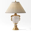 Elegant Table Lamp With Cream Striped Lampshade Crystal Base And Gold Carved Decorations