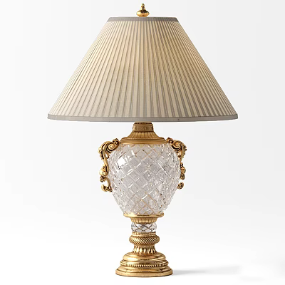 Elegant Table Lamp With Cream Striped Lampshade Crystal Base And Gold Carved Decorations 3d model
