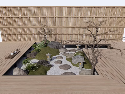 Japanese Garden Decor with Bamboo Fence Stone Path Lanterns and Green Plants 3d model
