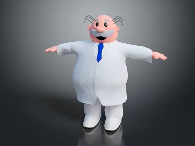 3D Cartoon Character With White Lab Coat Blue Tie Mustache And Outstretched Arms 3d model