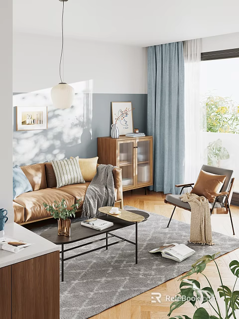Sofa Coffee Table Set with Decorative Pillows Light Blue Curtains Wooden Cabinet Armchair Natural Light 3d model 