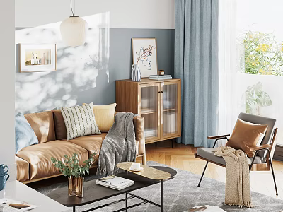 Sofa Coffee Table Set with Decorative Pillows Light Blue Curtains Wooden Cabinet Armchair Natural Light 3d model