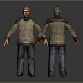 Elderly Male Character Wearing Gray Sweater and Blue Pants Front Back Views
