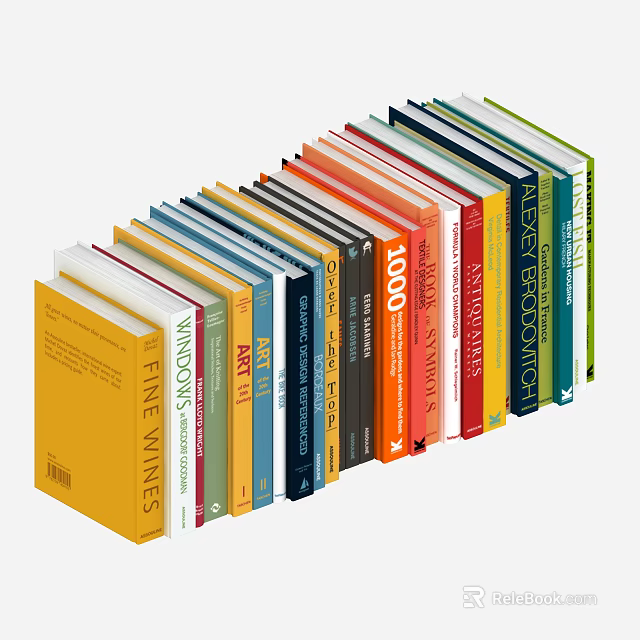 Colorful Books And Magazines With Various Spines Titles Neatly Arranged On Shelf 3d model 