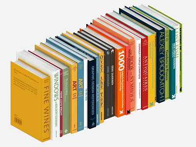 Colorful Books And Magazines With Various Spines Titles Neatly Arranged On Shelf 3d model