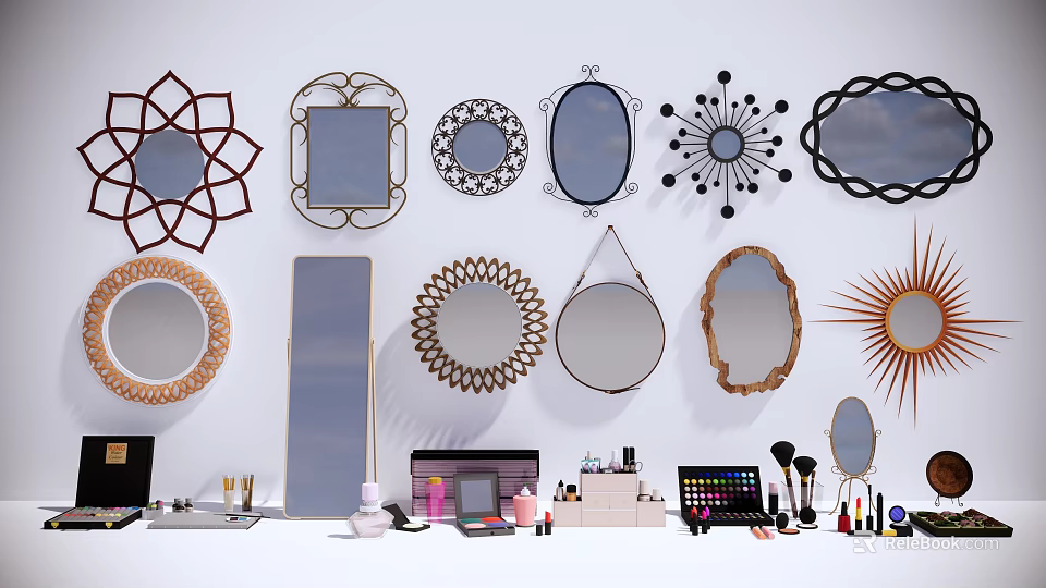 Stylish Perfume Cosmetics Display With Various Decorative Mirrors And Makeup Tools 3d model