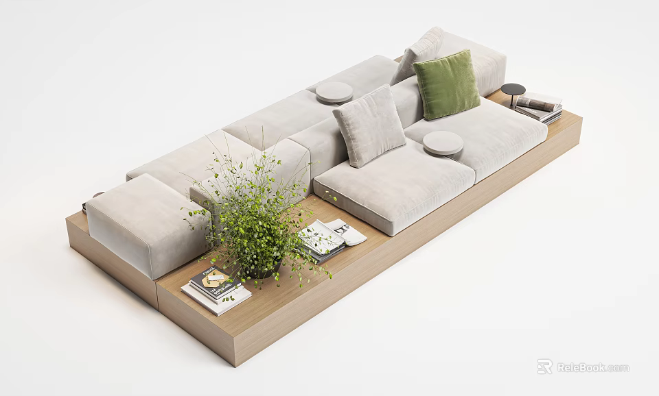 Gray Modular Lazy Sofa With Green Cushion Wooden Base And Magazines 3d model 