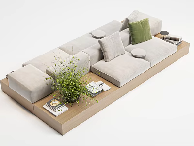 Gray Modular Lazy Sofa With Green Cushion Wooden Base And Magazines 3d model