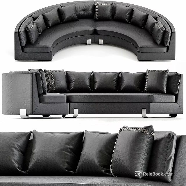 Black Leather Double Sofa With Modern Design Metal Legs And Comfortable Cushions 3d model 