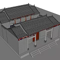 Ancient Traditional Architecture with Gray Brick Walls Red Door Stone Steps and Decorative Eaves