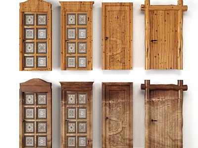 Various Wooden Hinged Doors With Glass Panels And Natural Wood Texture 3d model