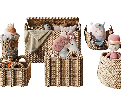Woven Rattan Storage Baskets with Handles Various Sizes for Toy Storage and Home Organization 3d model