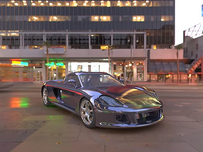Black Sports Car On City Street At Night With Tall Building Shops And Neon Lights 3d model
