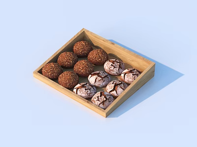 Delicious Chocolate Truffles In Wooden Tray With Brown Crumbs And White Cracks 3d model
