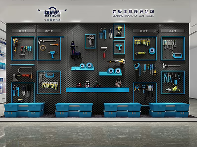 Practical Organized Tool Display Wall With Various Tools Blue Shelves Storage Cases And Dark Background 3d model