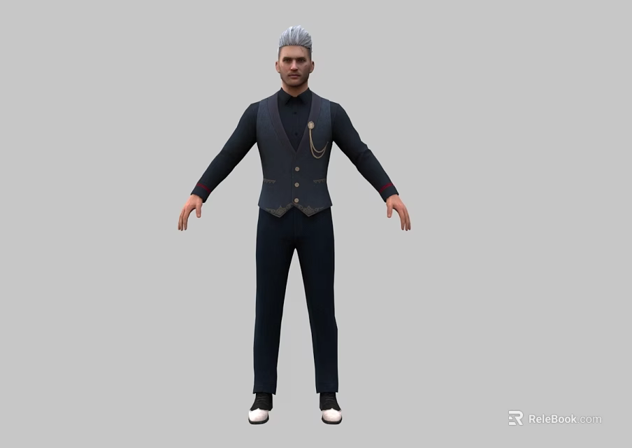 Man In Dark Vest And Pants With White Shoes And Gray Hair Standing Pose 3d model 