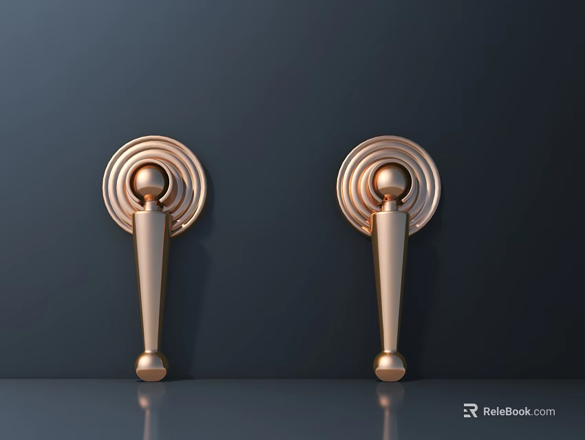 Elegant Golden Circular Base Handles Mounted on Dark Background Wall with Reflection 3d model 
