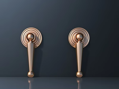 Elegant Golden Circular Base Handles Mounted on Dark Background Wall with Reflection 3d model