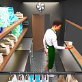 Green Mobile Food Truck With Transparent Sides And Wooden Counter Inside