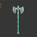 Elaborate Metal Axe With Decorative Patterns And Red White Handle As Fantasy Weapon