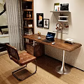 Modern Wooden Desk With Laptop Leather Chair Wall Shelf And Decorative Posters