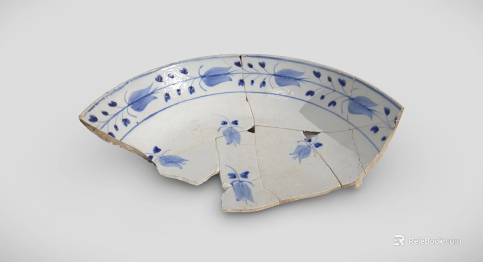 Broken Blue And White Ceramic Ware With Leaf Pattern Plate Shards 3d model
