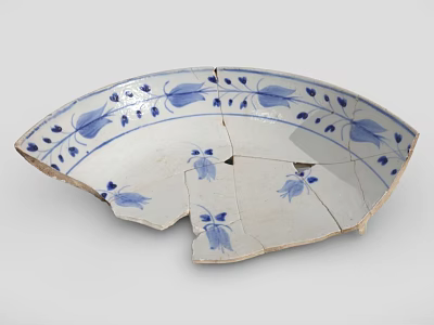 Broken Blue And White Ceramic Ware With Leaf Pattern Plate Shards 3d model