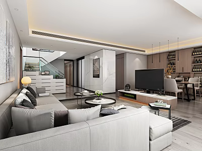 Modern Living Dining Room Interior Design With Sofa Coffee Table TV And Dining Chairs 3d model