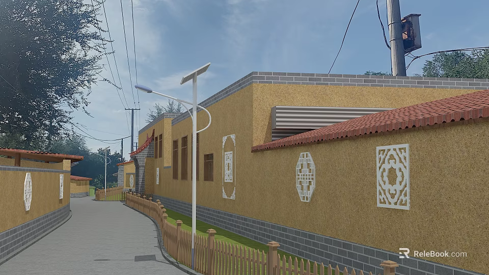 Commercial Street Featuring Yellow Buildings Red Roof White Decorative Patterns Street Lamps and Wooden Fence 3d model 
