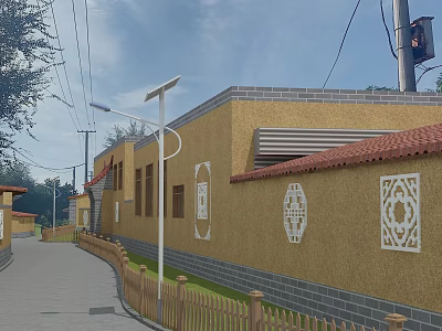 Commercial Street Featuring Yellow Buildings Red Roof White Decorative Patterns Street Lamps and Wooden Fence 3d model