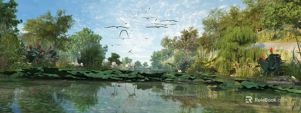 Waterfront Landscape Featuring Lotus Leaves Flowers Lush Green Trees Flying Birds And Clear Reflections 3d model 