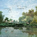 Waterfront Landscape Featuring Lotus Leaves Flowers Lush Green Trees Flying Birds And Clear Reflections