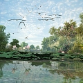 Lake Landscape Water System Lotus Landscape Tree Dragonfly Pond Wild Goose Reed Wetland Park 3d model