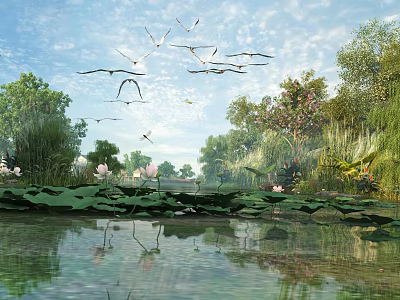 Waterfront Landscape Featuring Lotus Leaves Flowers Lush Green Trees Flying Birds And Clear Reflections 3d model