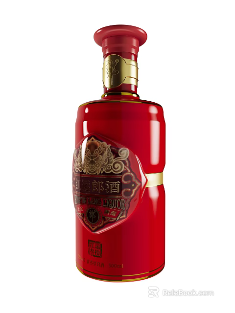 Luxury Red Wine Bottle and Glass with Gold Decorations and Traditional Label Design 3d model 