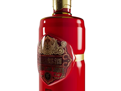 Luxury Red Wine Bottle and Glass with Gold Decorations and Traditional Label Design 3d model