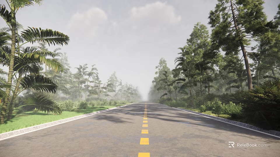 Road Infrastructure With Yellow Center Lines Lush Trees And Green Grass On Sides 3d model 
