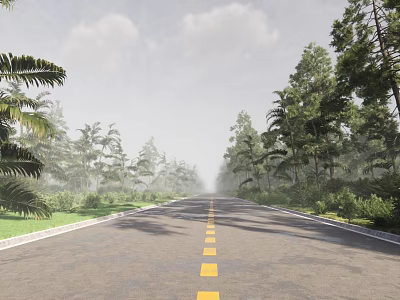 Road Infrastructure With Yellow Center Lines Lush Trees And Green Grass On Sides 3d model