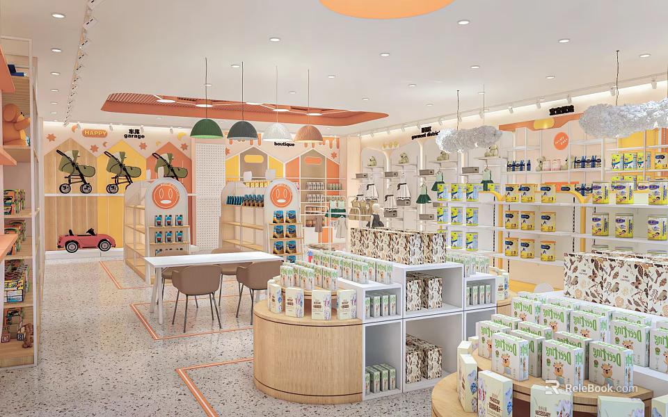 Children's Specialty Store With Colorful Interior Hanging Lamps Shelves And Toy Car Displays 3d model 