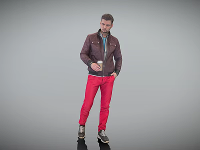 Man Wearing Brown Leather Jacket Blue Shirt Red Pants Holding Coffee Cup In Gray Background 3d model