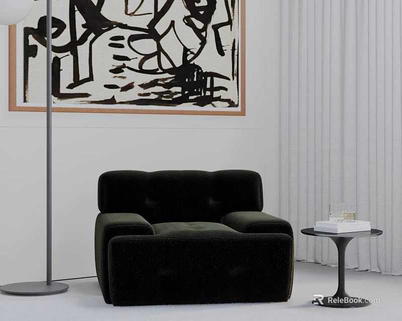 Black Velvet Tufted Leisure Chair with Side Table Abstract Painting Floor Lamp and Curtains 3d model 