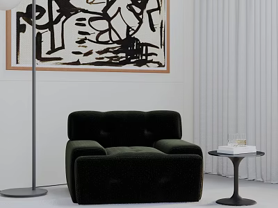 Black Velvet Tufted Leisure Chair with Side Table Abstract Painting Floor Lamp and Curtains 3d model