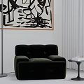 Black Velvet Tufted Leisure Chair with Side Table Abstract Painting Floor Lamp and Curtains