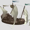 Traditional Wooden Sailboat With White Sails Green And Blue Flags On Deck