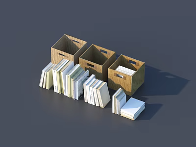 Three Wooden Storage Boxes With Handles And Stacked Books For Home Organizing 3d model