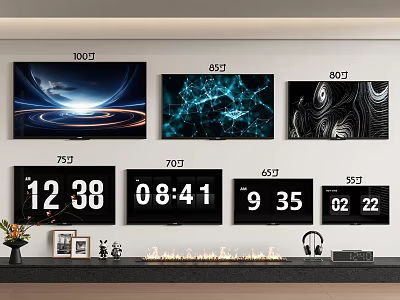Multiple Size TVs Mounted on Living Room Wall Showing Time and Dynamic Visuals 3d model
