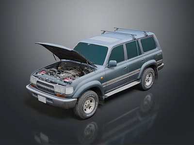 Gray Off Road SUV with Open Hood Displaying Engine and Roof Rack 3d model