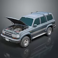 Gray Off Road SUV with Open Hood Displaying Engine and Roof Rack 3d model